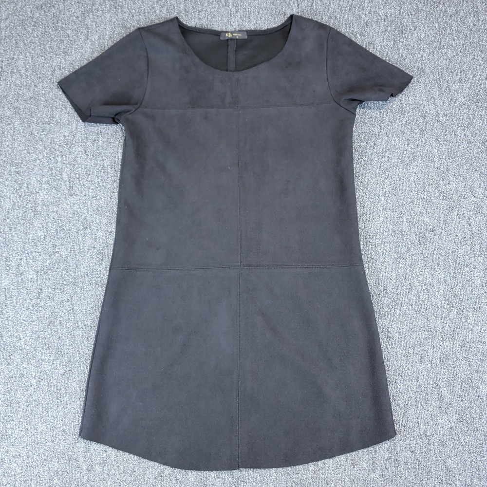KLd Vintage 90s Faux Suede Shift Dress Womens Small Black Short Sleeve Mini — photo 2
